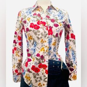 TALBOTS-floral White and Red Long Sleeve Button Down Shirt with Notched Collar